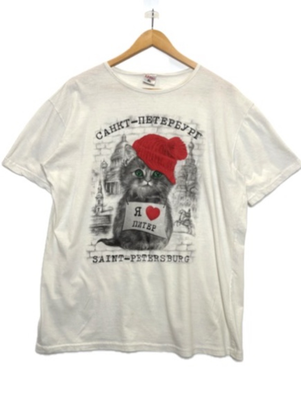 Russian Graphic Red Hat Cat Tee "I love St. Petersburg" Womens Size XL Holiday